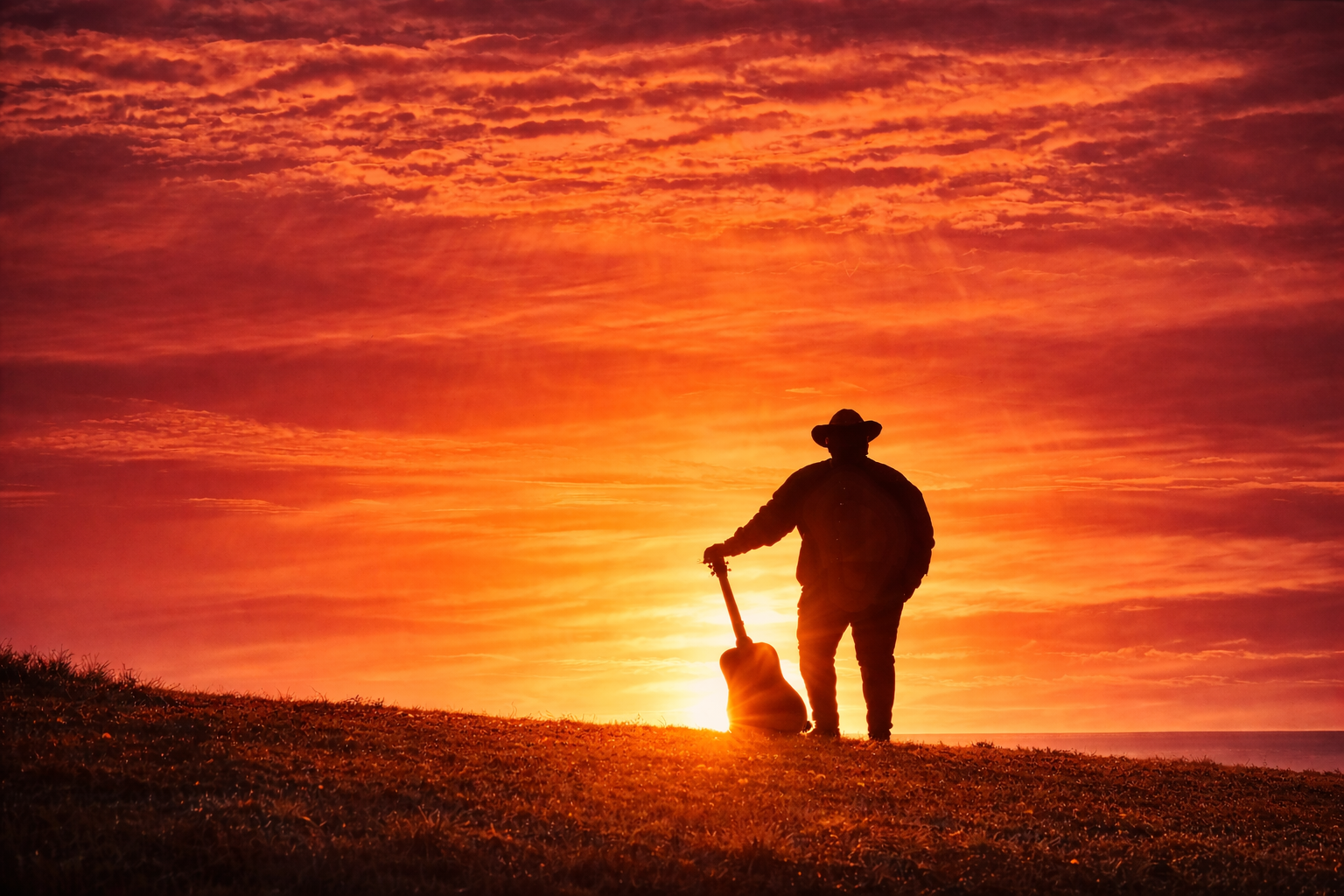 Pat Brown Jr silhouette at sunrise with guitar.